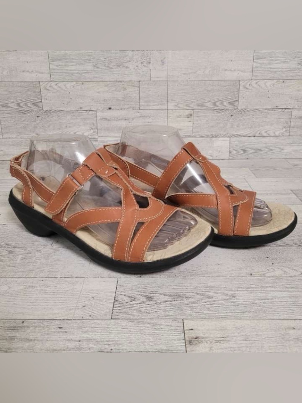 Women’s Spenco Medical Brown Leather Strappy Wedge Sandals Clogs Size 9
